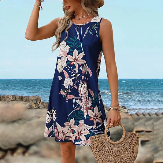 Vestido de flores azul com borda reta para mulher.