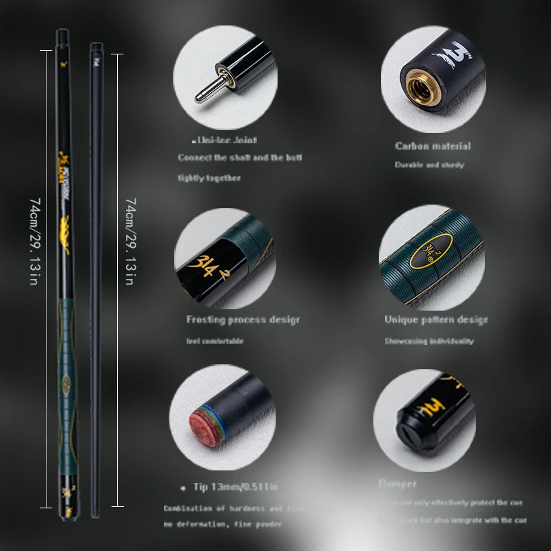 Taco de bilhar profissional de carbono com ponta de 13 mm, cabo de couro