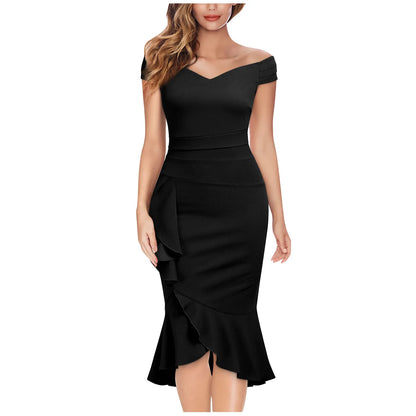 Vestidos de festa elegantes , ombro de fora, decote em V, babados