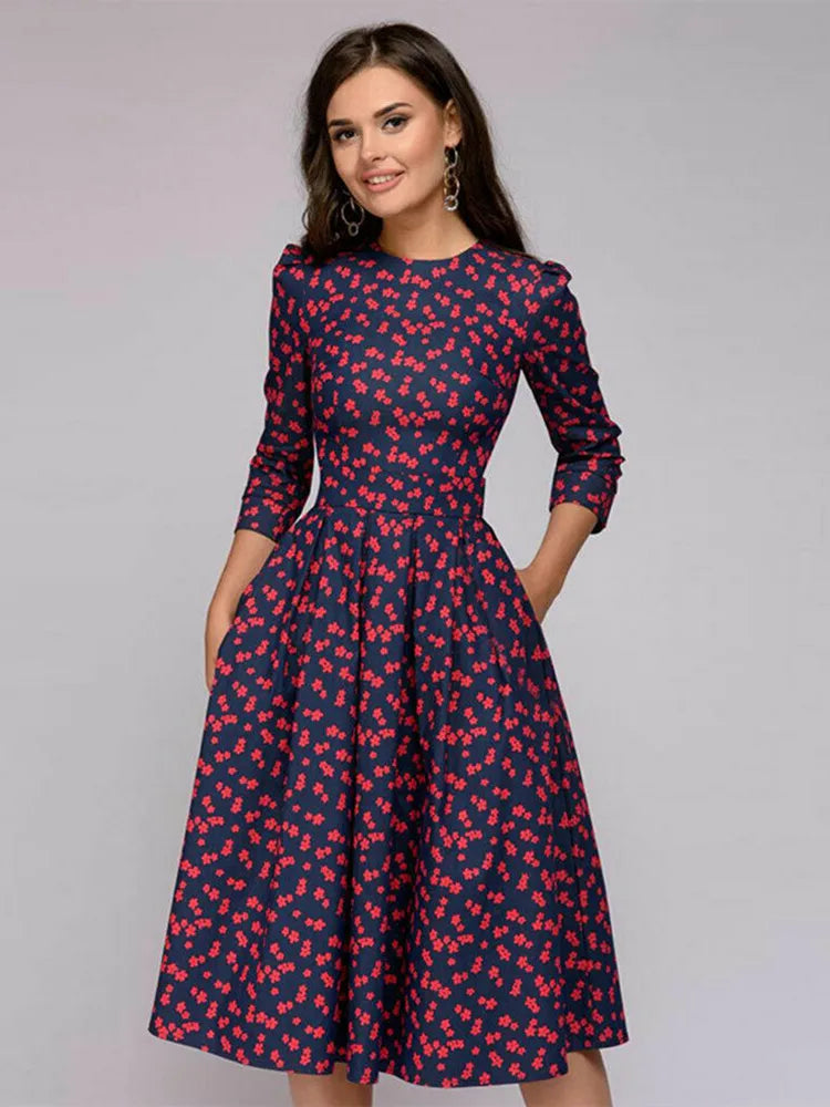 Vestido túnica vintage plissada estampado feminino elegante