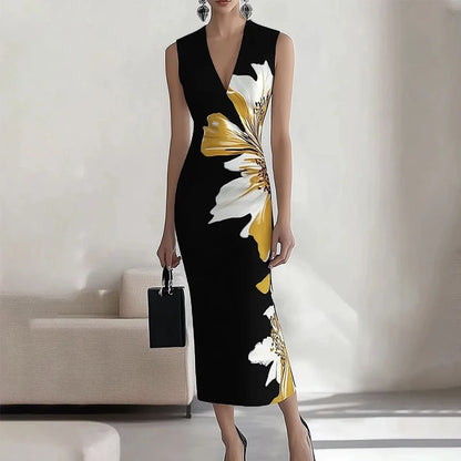 Vestido longo de festa com decote em V sexy.
