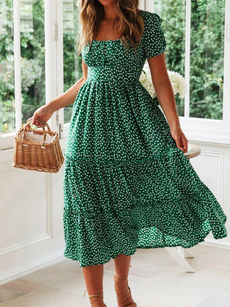 Vestidos Vintage Estampa Manga Bufante Verão Praia.