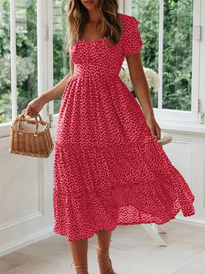 Vestidos Vintage Estampa Manga Bufante Verão Praia.