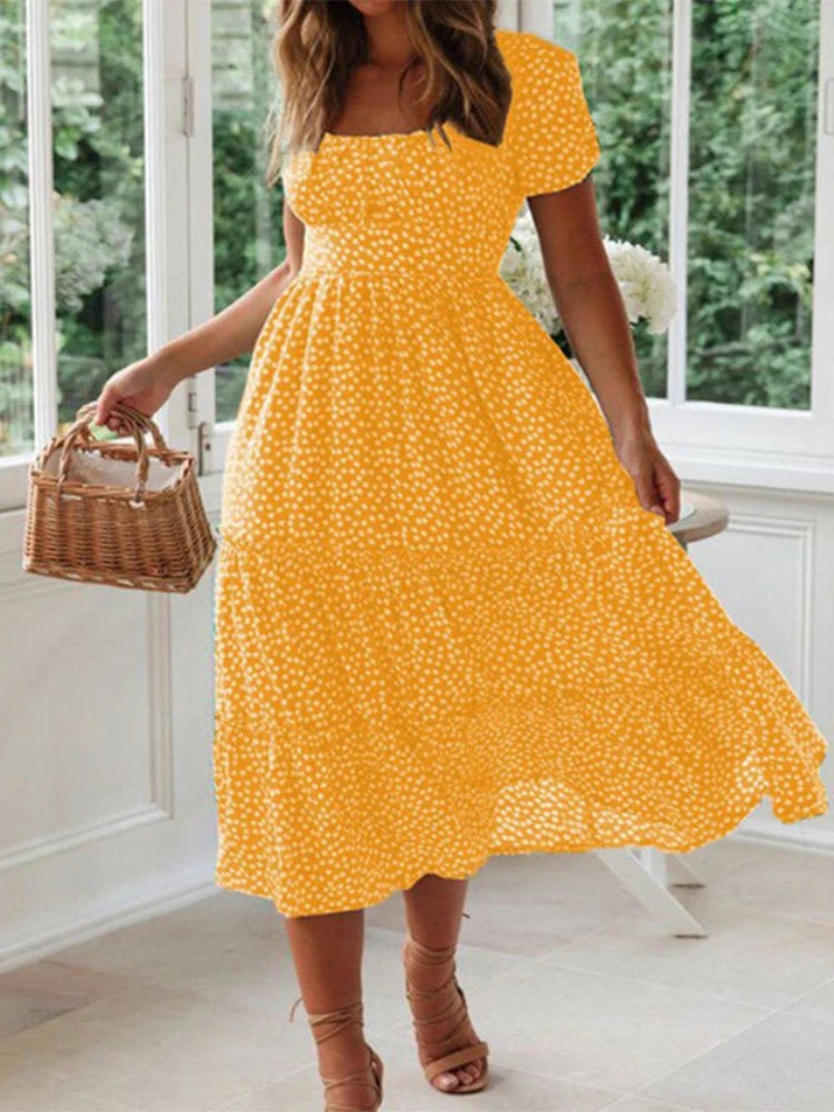 Vestidos Vintage Estampa Manga Bufante Verão Praia.
