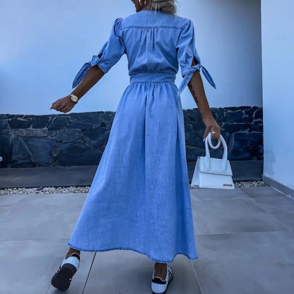 Vestidos longos para mulheres, vestido jeans sexy, decote em V,