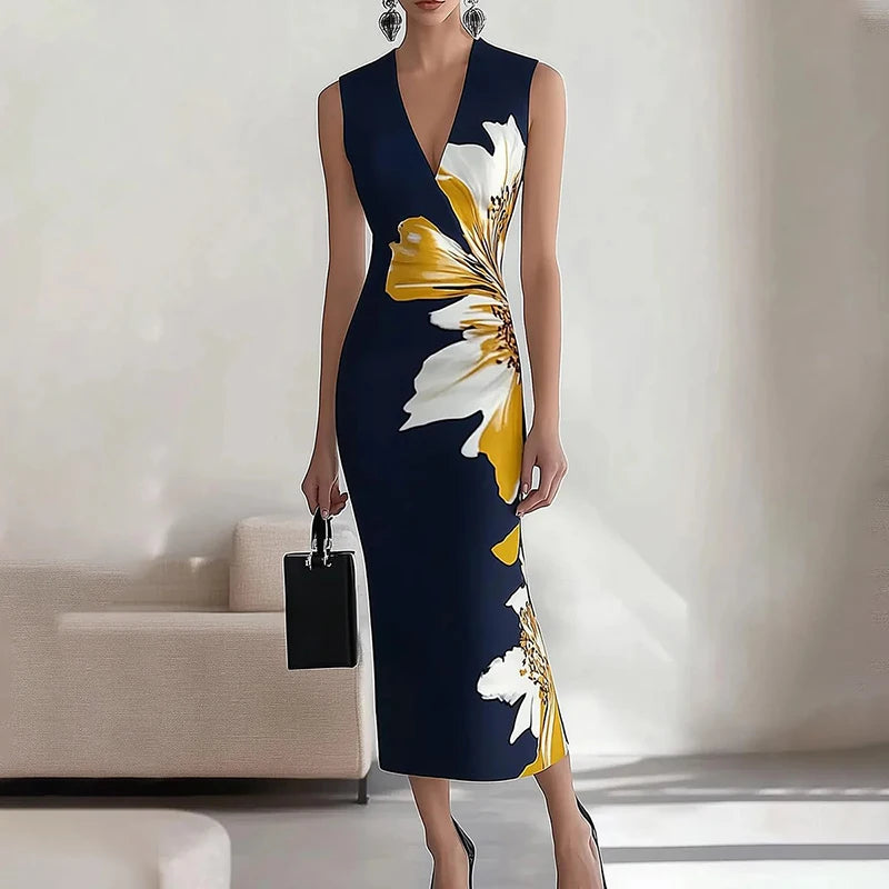 Vestido longo de festa com decote em V sexy.