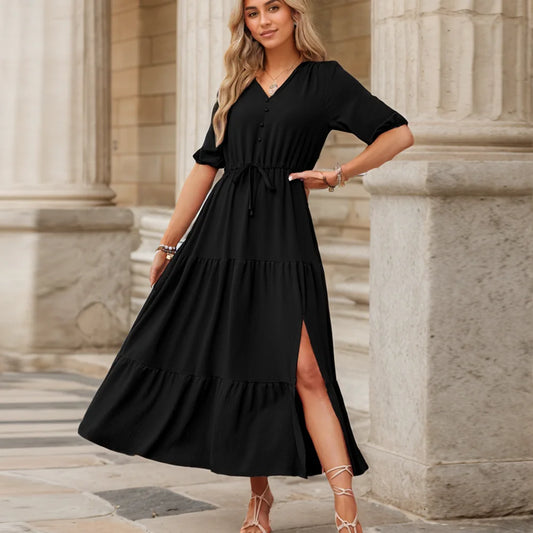 Vestido vintage lindo feminino, moda verão, decote em V, meia manga.