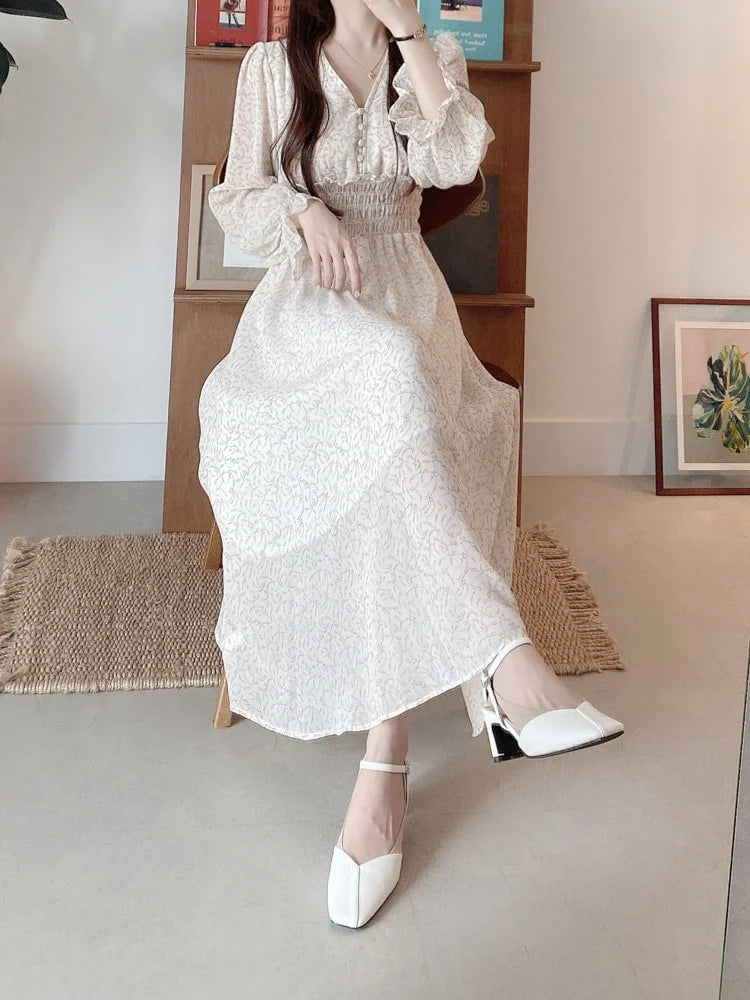Vestido feminino  de manga comprida, casual, elegante, com decote em V