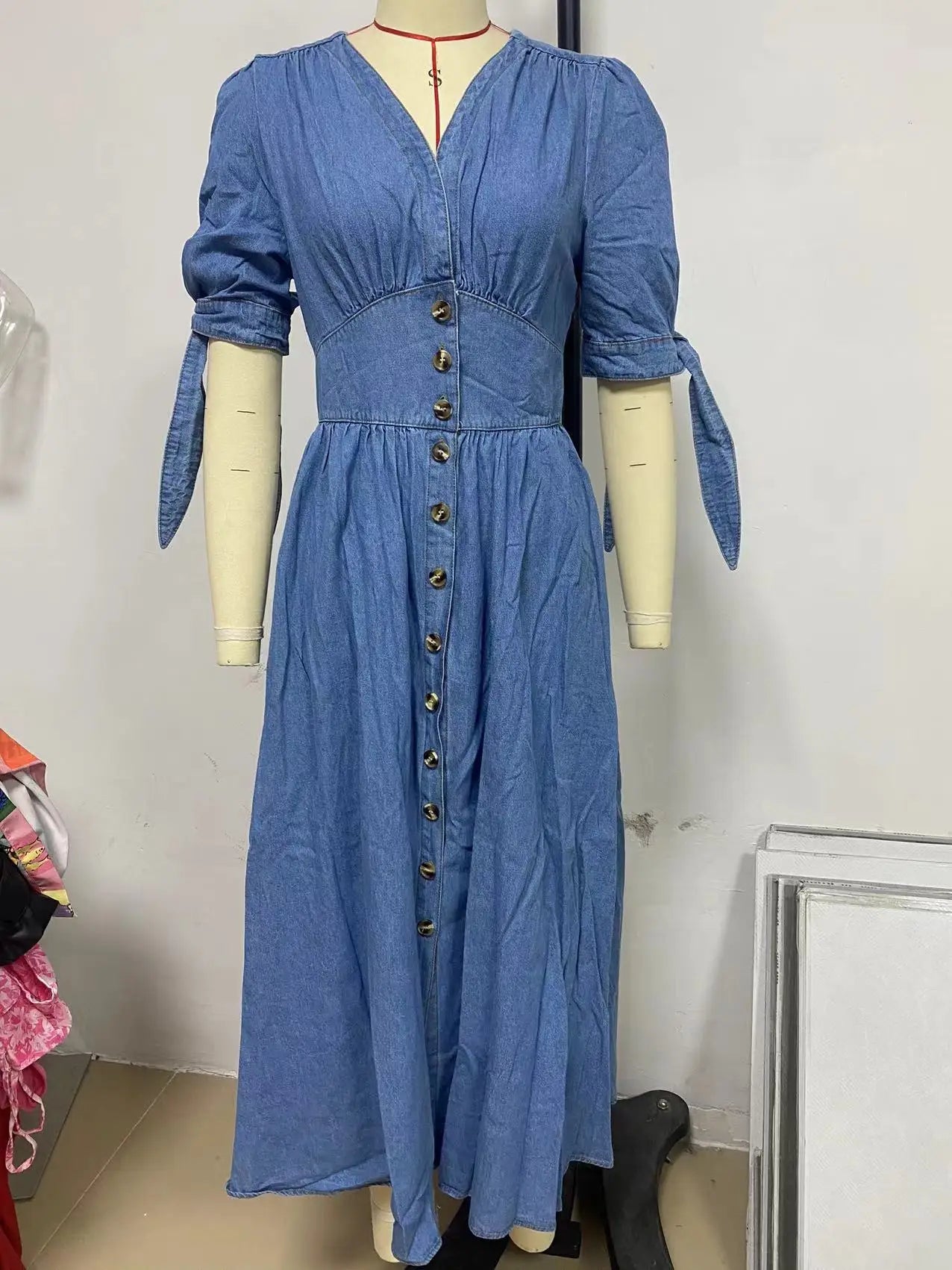Vestidos longos para mulheres, vestido jeans sexy, decote em V,