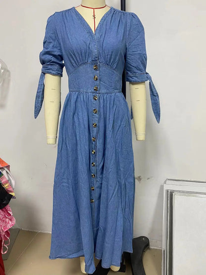 Vestidos longos para mulheres, vestido jeans sexy, decote em V,