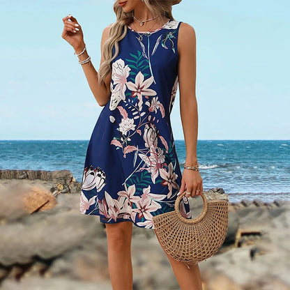 Vestido de flores azul com borda reta para mulher.