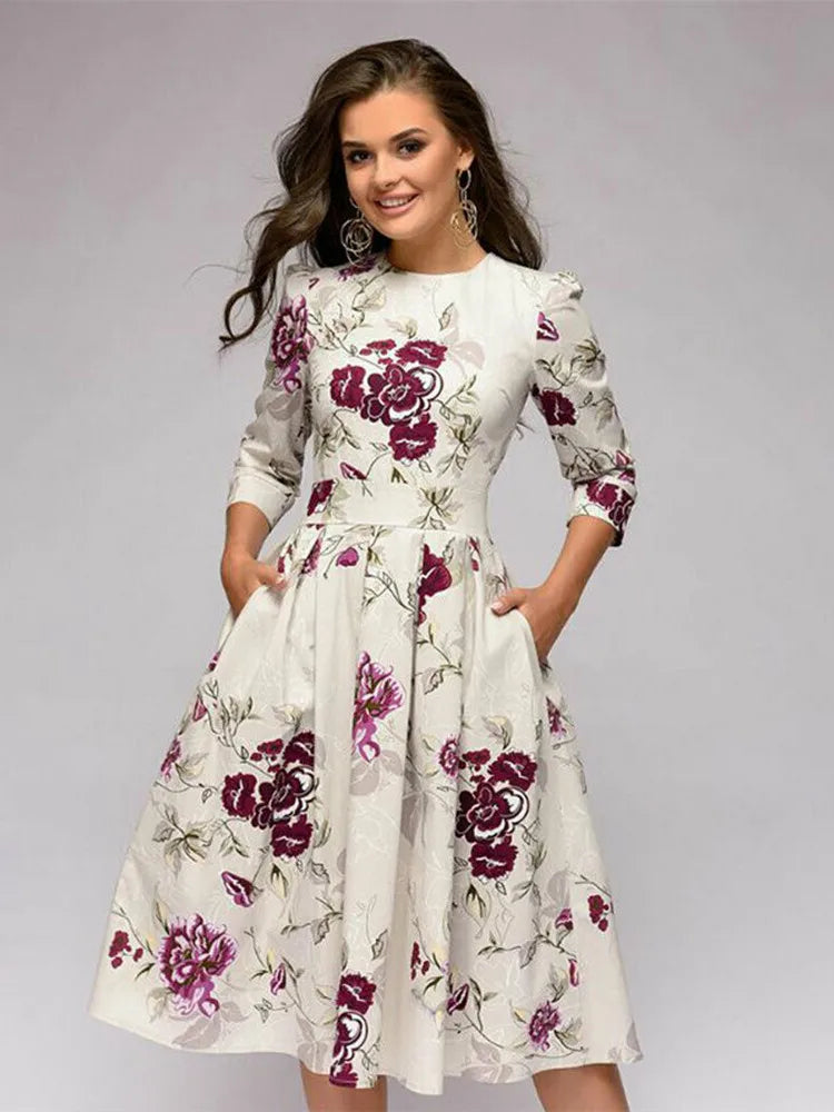 Vestido túnica vintage plissada estampado feminino elegante