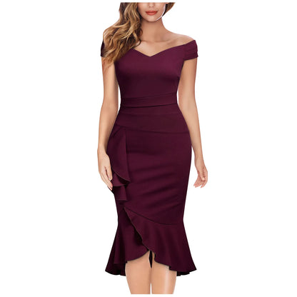 Vestidos de festa elegantes , ombro de fora, decote em V, babados