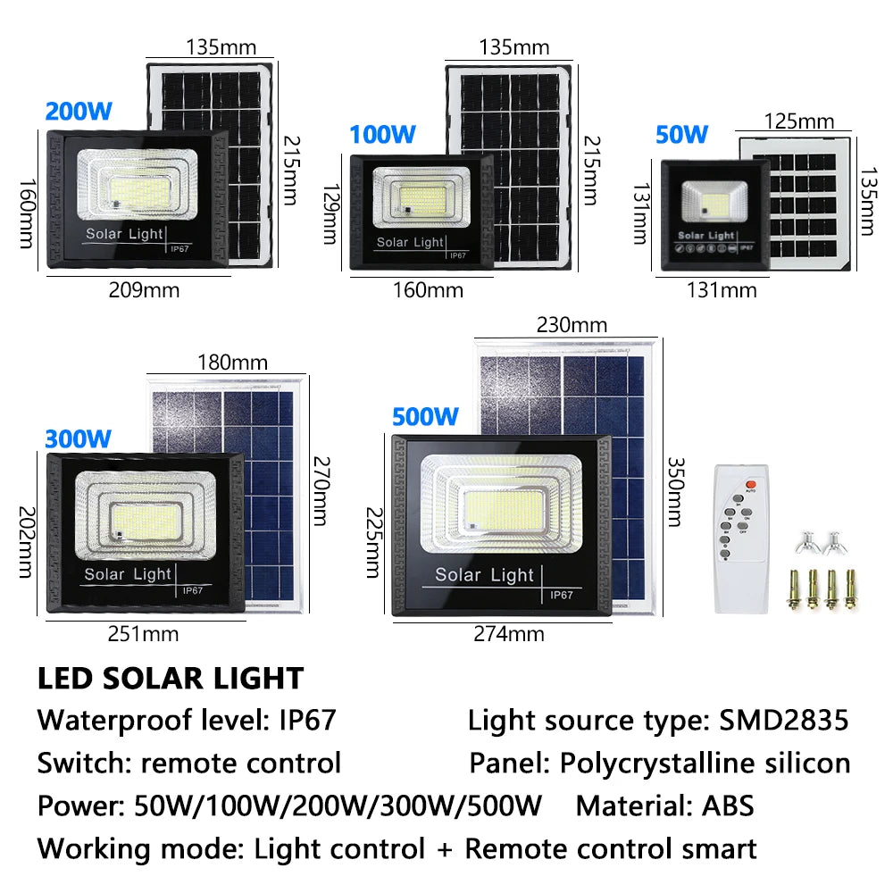 LED para áreas externas, refletores solares de 50 W, 100 W, 200 W, 300 W e 500 W.