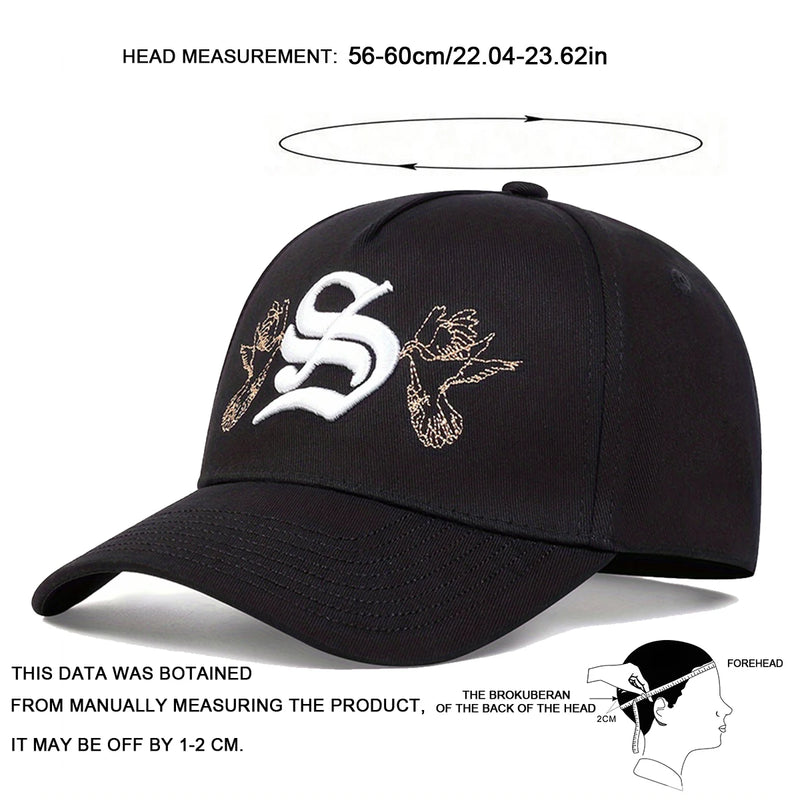 Boné de beisebol unissex com estampa de letra S bordada, estilo snapback,