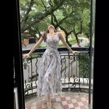 Vestido estampado vintage para mulheres, sem mangas, slim, com babados