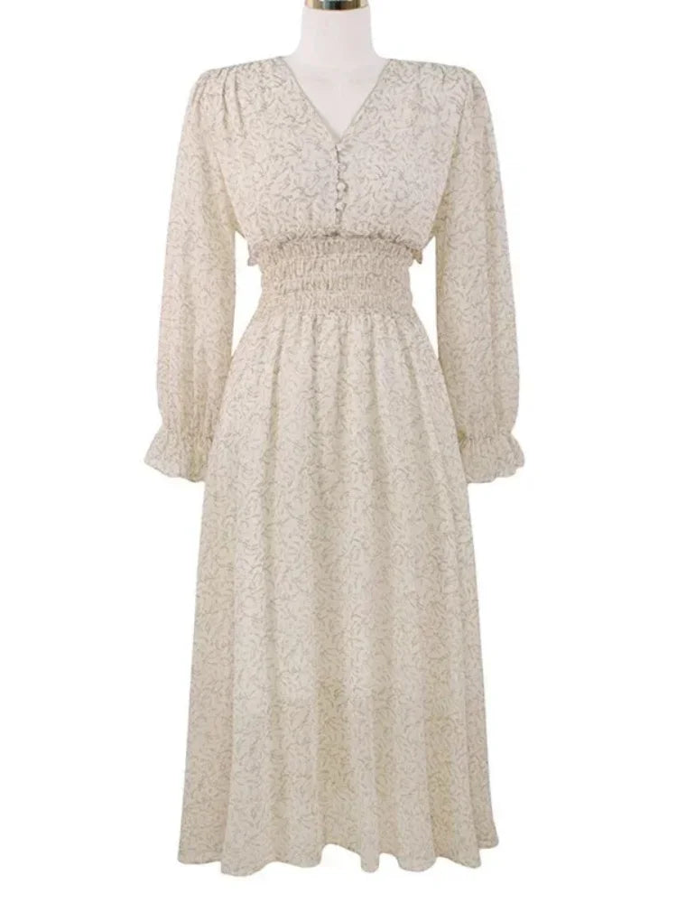 Vestido feminino  de manga comprida, casual, elegante, com decote em V