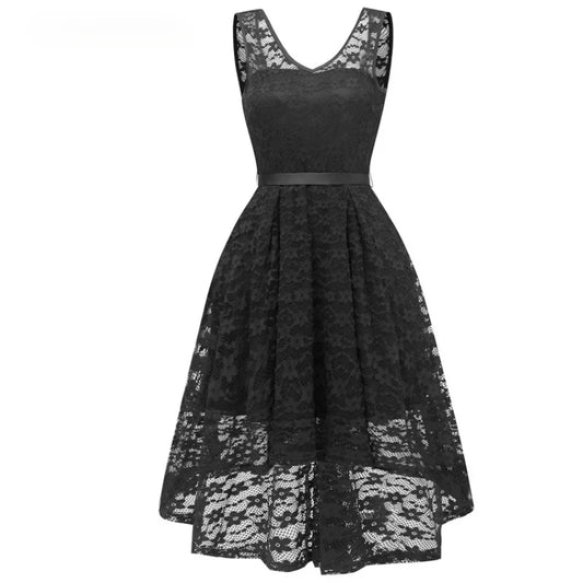 Novo vestido feminino sexy sem mangas, vintage, renda, chiffon, comprimento médio
