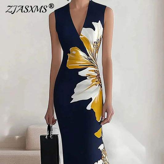 Vestido longo de festa com decote em V sexy.