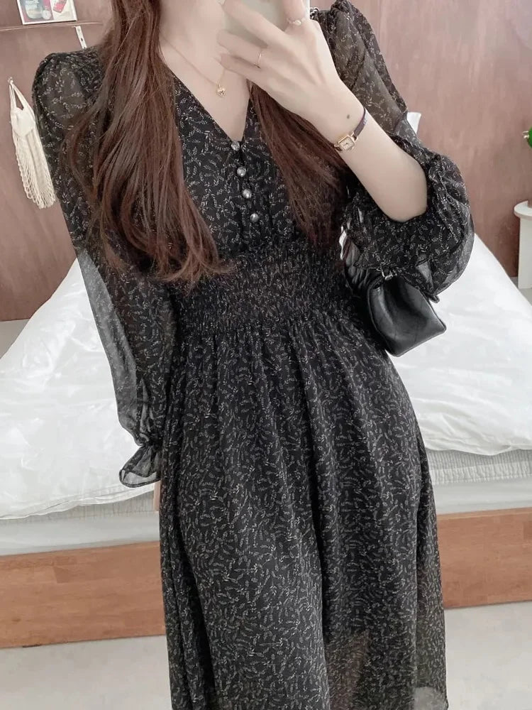 Vestido feminino  de manga comprida, casual, elegante, com decote em V