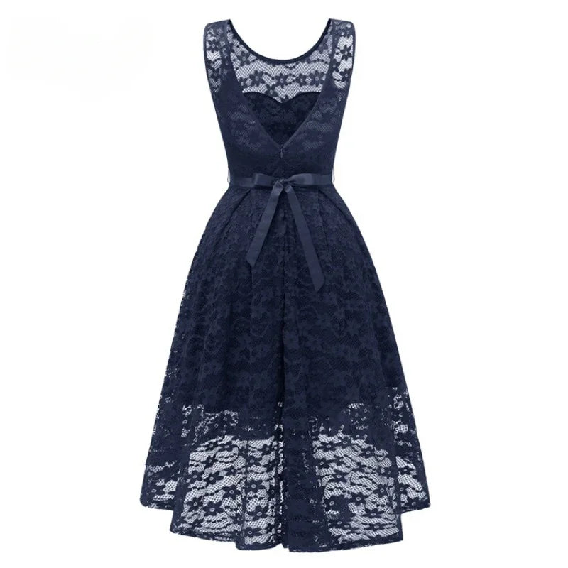 Novo vestido feminino sexy sem mangas, vintage, renda, chiffon, comprimento médio