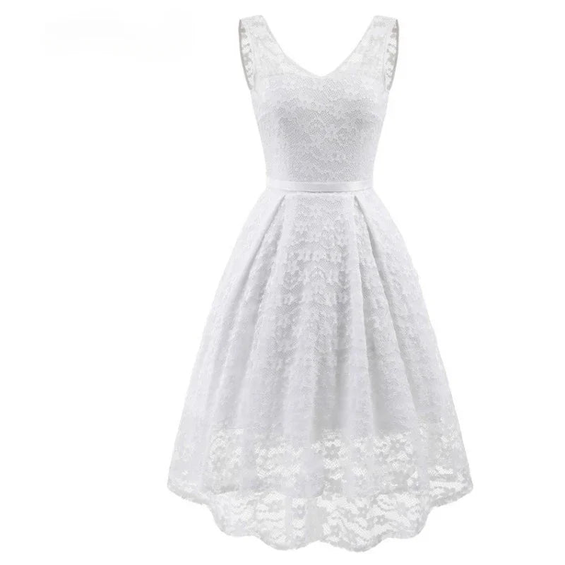Novo vestido feminino sexy sem mangas, vintage, renda, chiffon, comprimento médio