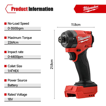 Chave de fenda de impacto Milwaukee M18 com bateria de 1/4 de polegada, furadeira elétrica de impacto 226NM, sem escova.