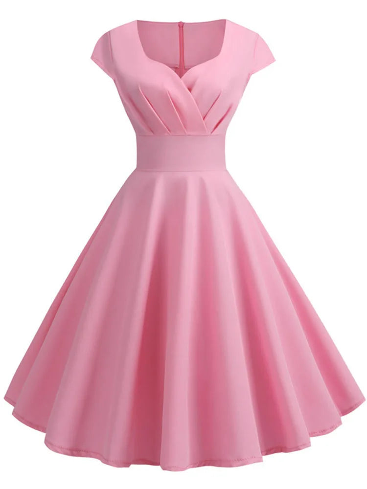 Novo vestido vintage de verão feminino, manga curta, decote em V.