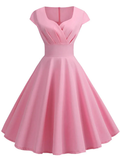 Novo vestido vintage de verão feminino, manga curta, decote em V.