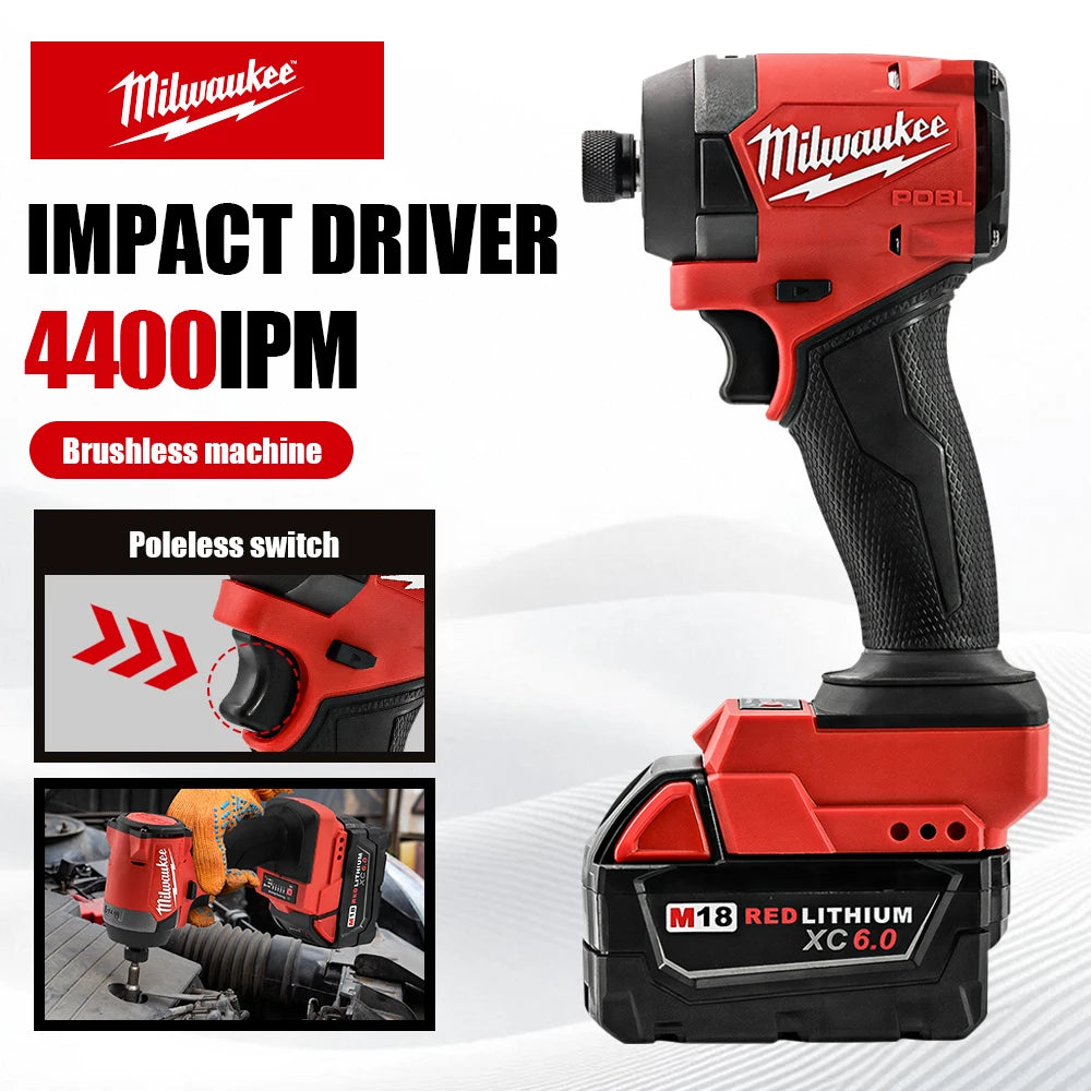 Chave de fenda de impacto Milwaukee M18 com bateria de 1/4 de polegada, furadeira elétrica de impacto 226NM, sem escova.