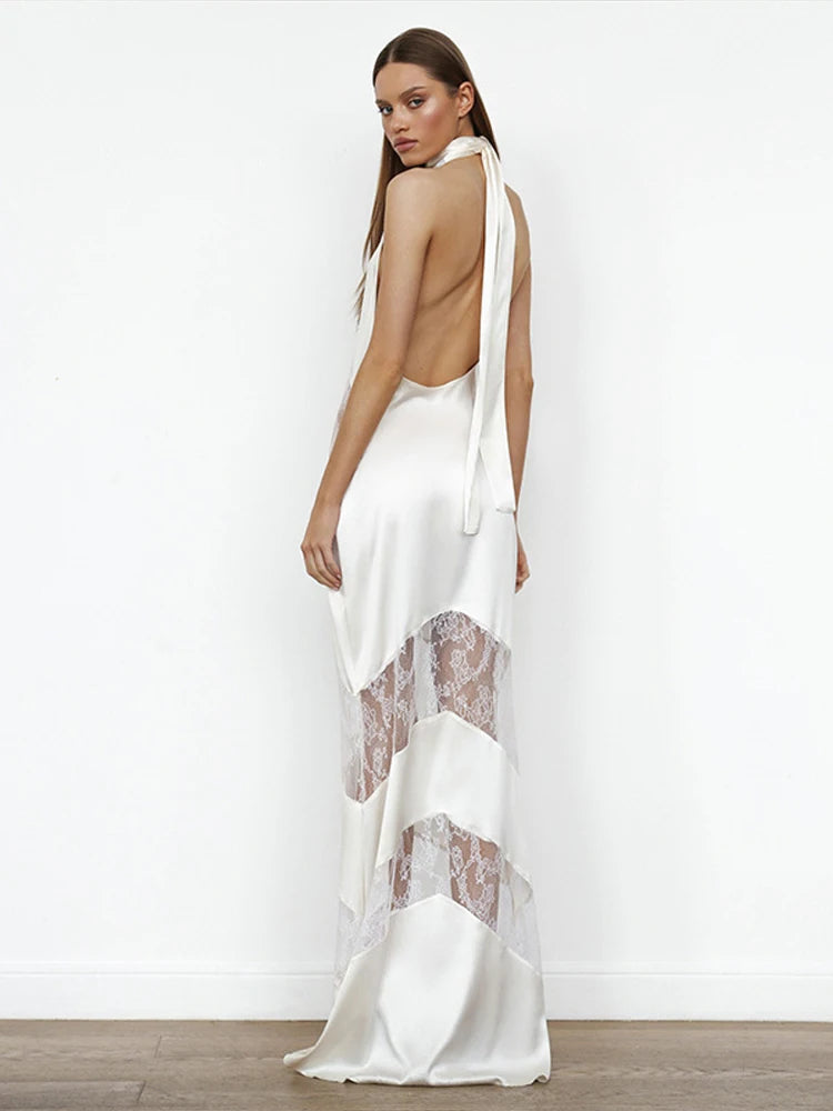 Vestido longo de renda com decote em V sexy, elegante, feminino,