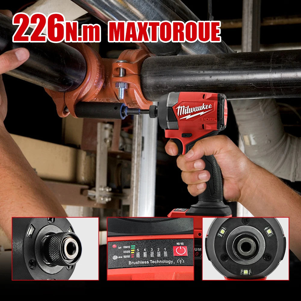 Chave de fenda de impacto Milwaukee M18 com bateria de 1/4 de polegada, furadeira elétrica de impacto 226NM, sem escova.
