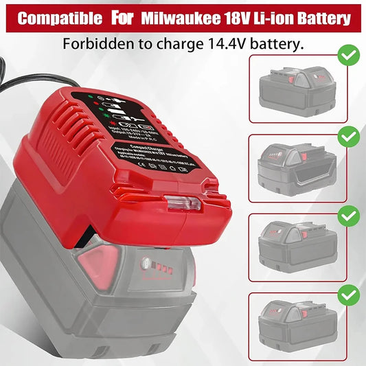 i carregador compacto de bateria portátil 100V-240V para Milwaukee, bateria de lítio de 18V.