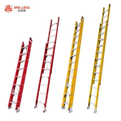 Escada extensível de fibra de vidro de 24 pés, 28 pés, 32 pés, 36 pés e 40 pés, escada de segurança vermelha e amarela.