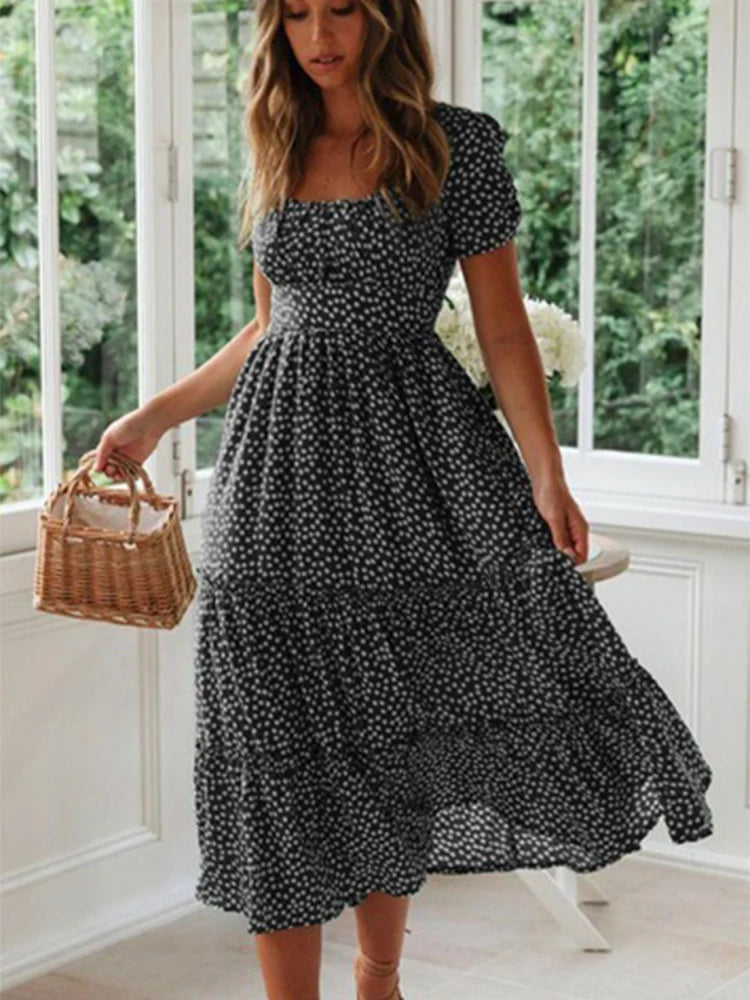 Vestidos Vintage Estampa Manga Bufante Verão Praia.