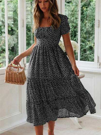 Vestidos Vintage Estampa Manga Bufante Verão Praia.