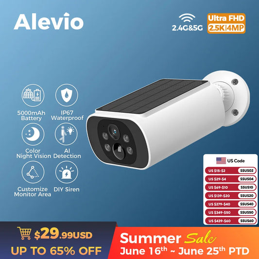 Câmera solar externa ALEVIO 2.5K sem fio, câmera com Wi-Fi.