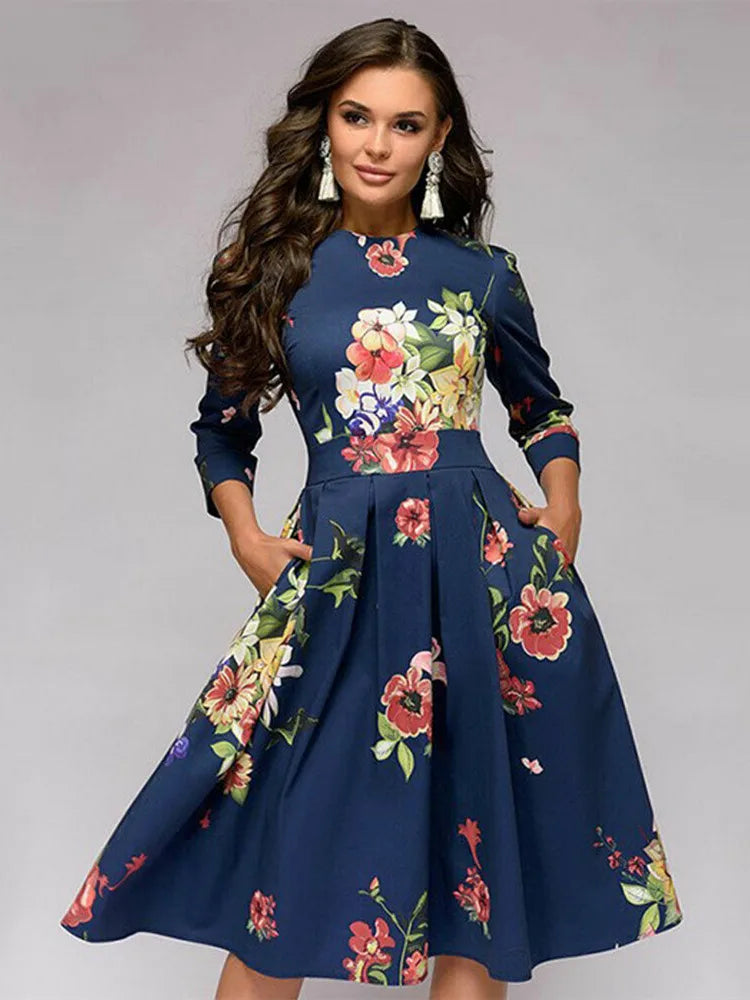 Vestido túnica vintage plissada estampado feminino elegante