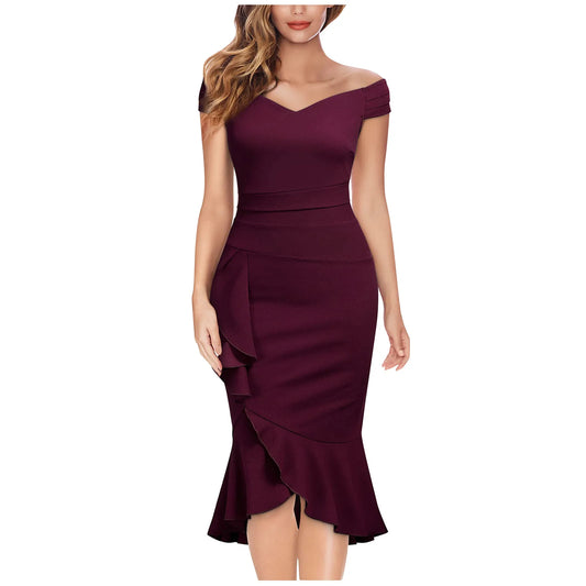 Vestidos de festa elegantes , ombro de fora, decote em V, babados
