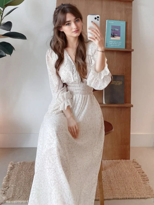 Vestido feminino  de manga comprida, casual, elegante, com decote em V