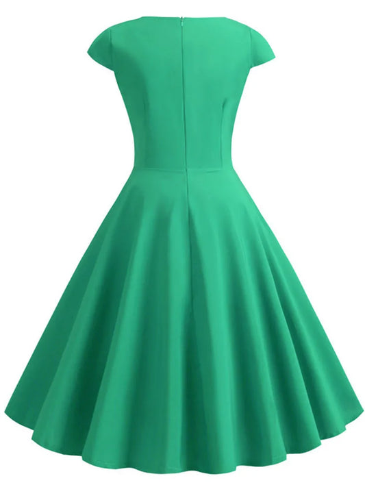 Novo vestido vintage de verão feminino, manga curta, decote em V.
