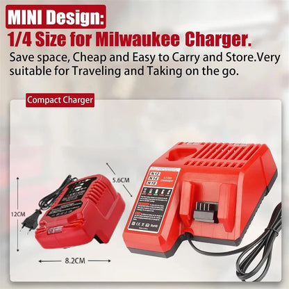 i carregador compacto de bateria portátil 100V-240V para Milwaukee, bateria de lítio de 18V.