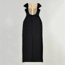 Vestido longo de veludo preto com strass e pérolas,