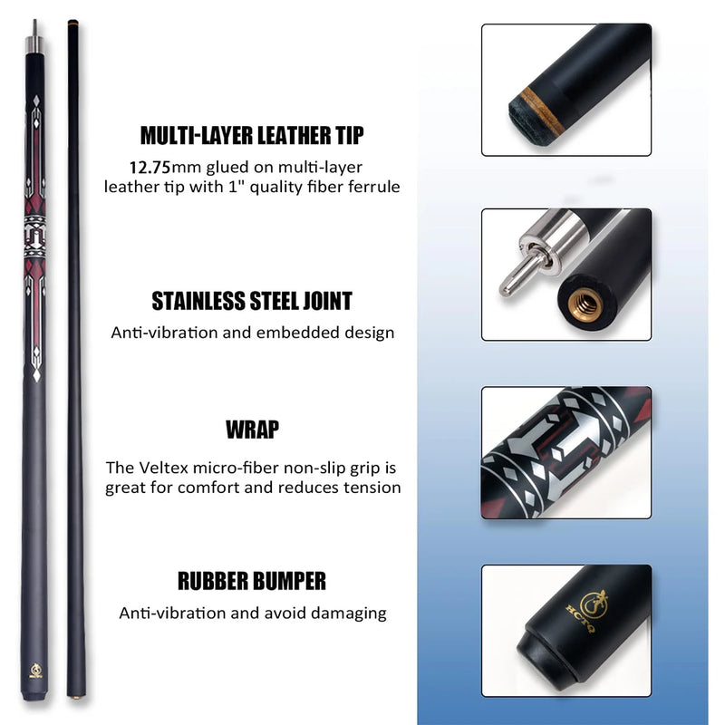 Taco de bilhar profissional 12,75 mm, ponta multicamadas de carbono premium