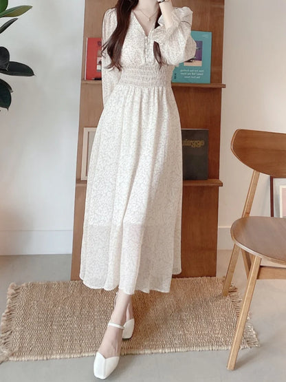 Vestido feminino  de manga comprida, casual, elegante, com decote em V