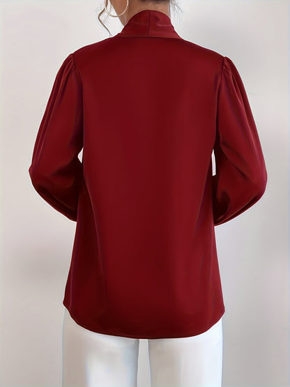 Blusa de cor sólida com amarração no pescoço,Blusa elegante de manga comprida.