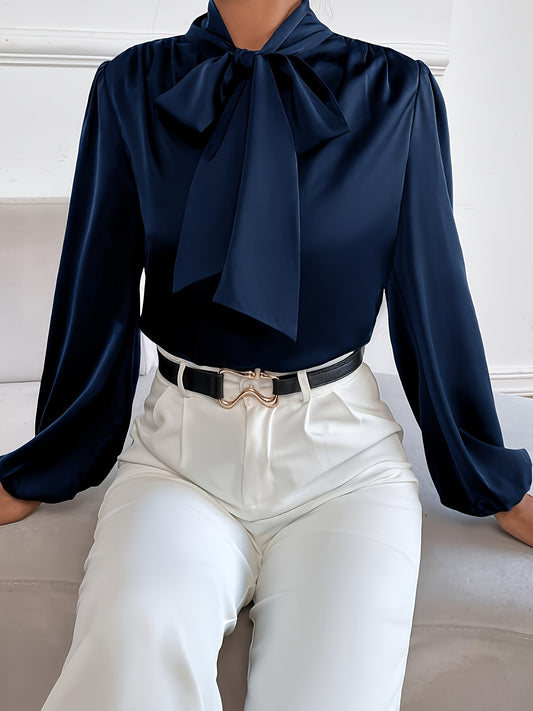 Blusa de cor sólida com amarração no pescoço,Blusa elegante de manga comprida.