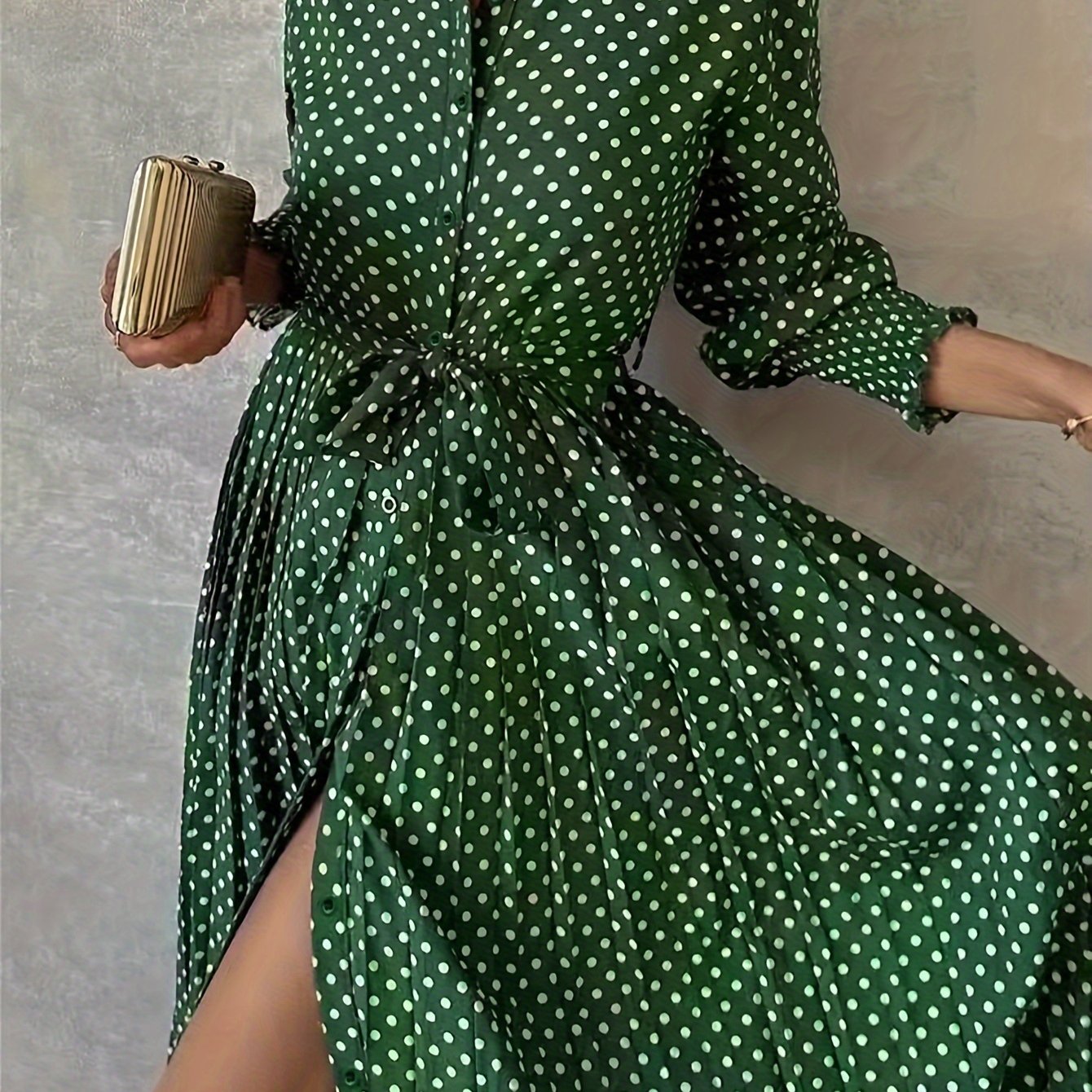 Vestido-camisa com estampa de bolinhas e botões na frente, vestido longo elegante.