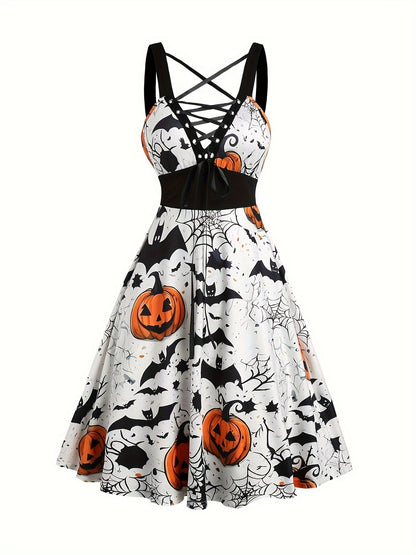 Vestido midi elegante com estampa de abóbora e corte em A.