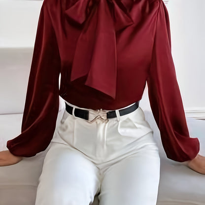 Blusa de cor sólida com amarração no pescoço,Blusa elegante de manga comprida.